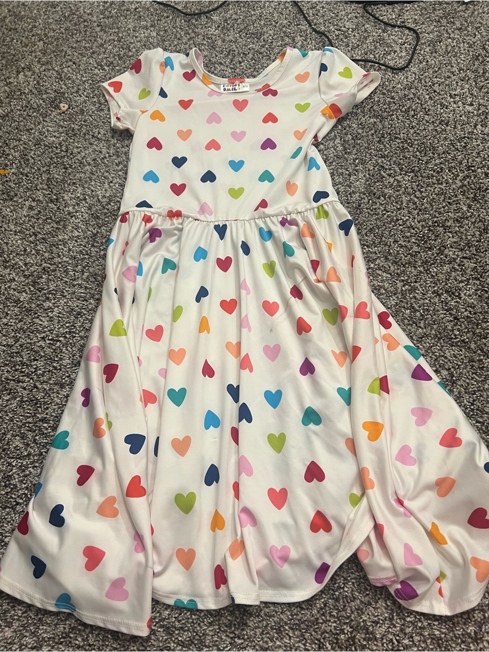 Dot Dot Smile White Heart-Print Short Sleeve Dress with Multicolor Hearts